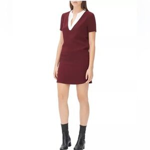 Sandro Deep Red and White V-Neck Mini Dress